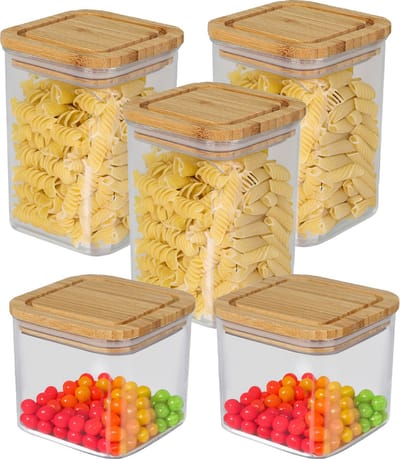Bambou & Co keuken voorraadpotten - 5x stuks - 0.8L/1L - kunststof/bamboe - met luchtdichte deksel