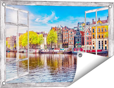 Gards Tuinposter Doorkijk Amsterdamse Huisjes aan het Water - 60x40 cm - Tuindoek - Tuindecoratie - Wanddecoratie buiten - Tuinschilderij