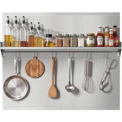 VEVOR Keukenachterwand 91 X 76 cm, Gemaakt van Roestvrij Staal, Wandbescherming voor Kookplaat en Afzuigkap met Plank, Haken en Voorgeboorde Gaten, Robuuste Achterwand voor Keuken, Koken en Praktische Opbergruimte