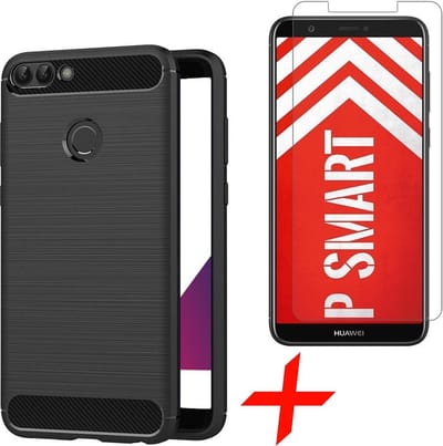 Geborsteld Hoesje geschikt voor Huawei P Smart 2019 - TPU Gel Siliconen Case Zwart + Tempered Glass Screenprotector Transparant - van iCall