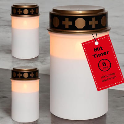 Novaliv LED grafverlichting met batterij en timer 6/18 wit 3x kaarsen begraafplaats grafverlichting LED met batterij begraafplaatskaars LED kaars buiten gedenkkaars graflantaarn eeuwig licht rouwkaars