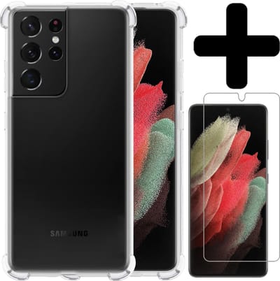 Hoesje - Met Screenprotector - Geschikt voor Samsung Galaxy S21 Ultra - Sterk & Shockproof - Back Cover - Siliconen Case - Telefoon Hoes - Shock Proof - Telefoonhoes - Transparant