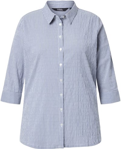 Ulla Popken - Dames - Overhemdblouse strepen bubble-structuur 3/4-mouwen - Marine - Maat 42+