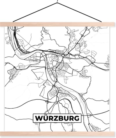 Posterhanger incl. Poster 40x40 cm - Schoolplaat - Würzburg - Kaart - Stadskaart - Plattegrond - Textielposter - Blanke latten - Stadskaart