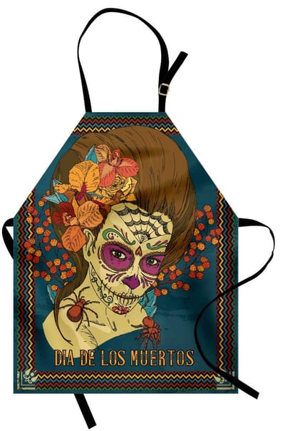 ABAKUHAUS kookschort voor Dia de los Muertos, schedelmeisje in Dia de los Muertos-stijl met rozenhartdruk, kleurvast, in hoogte verstelbaar, wasbaar, heldere digitale druk, benzineblauw, karamel en amber