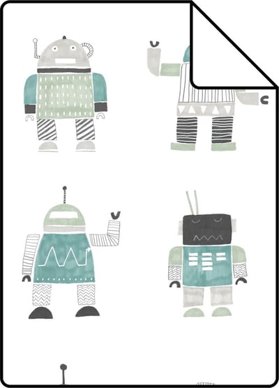 Proefstaal ESTAhome behang getekende vintage speelgoed robots mintgroen en blauw - 26.5 x 21 cm - 138938-S