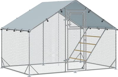 Kippenren - 300 x 200 x 195 cm - Freilaufgehege met Voerdeur en Zitstang - UV-bestendige Afdekking - Staal - Zilver