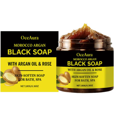 OceAura | Marokkaanse zwarte zeep | Zeep met Argan olie | Zwarte Beldi Zeep | Africa Black Soap Savon Noir | Savon Beldi | Afrikaanse zwarte zeep exfoliërende | Natuurlijke ingrediënten | Zeep Morocco Argan Black Soap met Arganolie & Roos – 180g