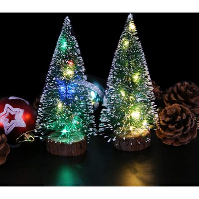 6 stuks 15cm Kunstmatige Mini Kerstboom met Led Licht Kleine Dennenboom met Houten Basis Tafelmodel gray