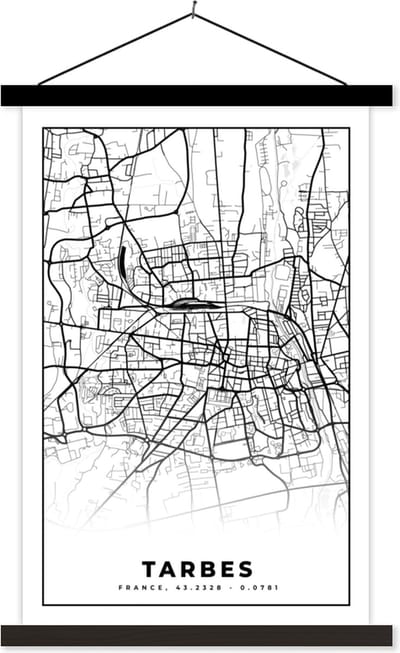 Posterhanger incl. Poster 40x60 cm - Schoolplaat - Kaart - Tarbes - Plattegrond - Frankrijk - Stadskaart - Zwart wit - Textielposter - Zwarte latten - Stadskaart