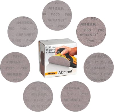 Mirka Abranet netschuurschijven Ø 150mm klittenband / Mengpak 5 van elke korrel 80, 120, 180, 240, 320, 400, 600 / 35 stuks / Voor alle 150mm excentrische schuurmachines en schuurmachines