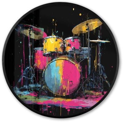 Poster in lijst Rond - Fotolijst 60x60 cm - Posters - Drumstel - Kleurrijk - Verf - Levendig - Ronde posterlijst zwart - Decoratie - Wanddecoratie woonkamer - Muurdecoratie slaapkamer