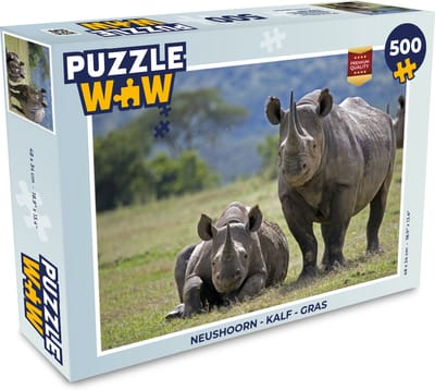 Puzzel Neushoorn - Kalf - Gras - Legpuzzel - Puzzel 500 stukjes