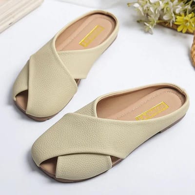 WTEMPO Mode Pantoffels Dames Zomer Zacht Leer Effen Buiten Gebreid Hol Ademend Pantoffels Platte Hak Zachte Zool Comfort Lage Hak Strand Schoenen 39 beige