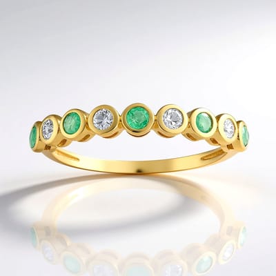 Cavill - Luxe 9K Geelgouden Ring met 0,143 ct Zambia Smaragd en 0,148 ct Witte Ceylon Saffier - 0,291 ct Totaal - Bezelzetting - Dames Elegant Sieraad