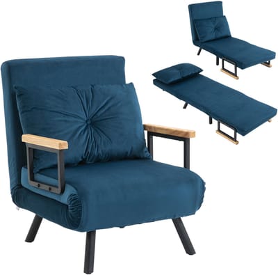 1-zits slaapstoel, 3-in-1 verwarmde stoel met in 5 standen verstelbare rugleuning, kussen, gewatteerde zitting, fluwelen bekleding, logeerbed, woonkamer, kantoor, blauw
