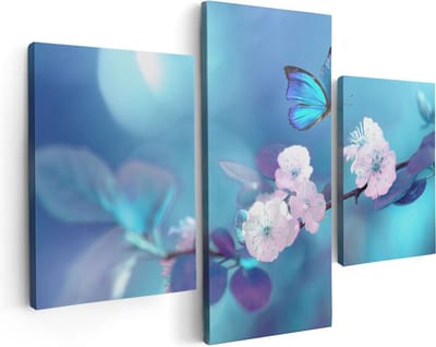 Artaza Canvas Schilderij Drieluik Blauwe Vlinder Bij Een Roze Bloem  - 90x60 - Foto Op Canvas - Canvas Print