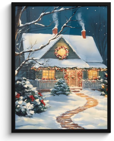 Poster in lijst - Fotolijst 50x70 cm - Posters - Kerst - Kerstboom - Winter - Huis - Sneeuw - Posterlijst zwart - Decoratie - Wanddecoratie woonkamer - Kerstdecoratie voor binnen - Kerstversiering - Kerstmis versiering in huis - Christmas decorations