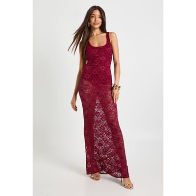 boohoo Dames Kant Ronde Hals Doorzichtige Rok Maxi Jurk | Burgundy | Maat: 10