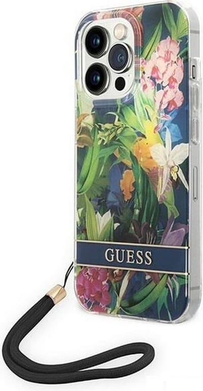 Guess Flower Back Cover met Strap - Geschikt voor Apple iPhone 14 Pro Max (6.7") - Blauw