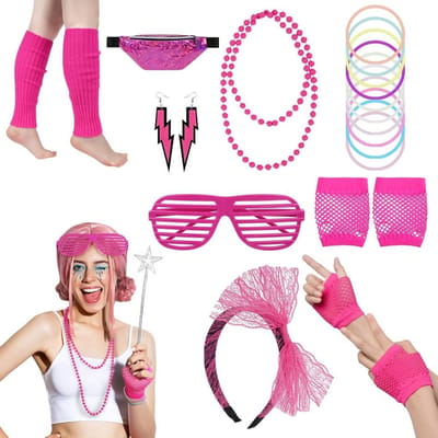 80s Neon Fancy Dress Kostuum Accessoires Set, 8-delige Retro Thema Party Outfit met Handschoenen, Ketting, Armband, Zonnebril, Heuptas, Oorbellen, Beenwarmers en Haarband voor Feestjes