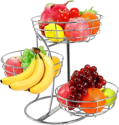 Fruit en groenterek - Keuken organizer - Keuken opbergen - Met bananenhanger - 3 niveaus - Zilver