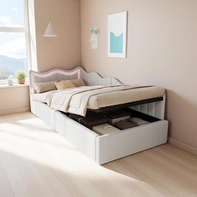 Gestoffeerd bed kinderbed 90x200, jeugdbed met LED-verlichting en opbergruimte, slaapbank, eenpersoonsbed, dagbed met bedlade, logeerbed met lattenbodem, fluweel, zonder matras (wit, 90 x 200 cm)