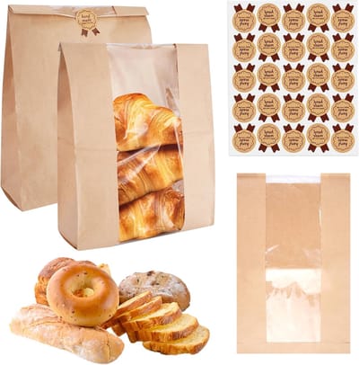 Broodzakken voor zelfgebakken brood-papieren broodzakken-50 grote papieren broodzakken - Kraftpapieren broodzakken - Bakzakken met transparant venster - Voedselveilige bruine boterbroodzakken - Voor brood, koekjes en gebak - 35×21×8 cm