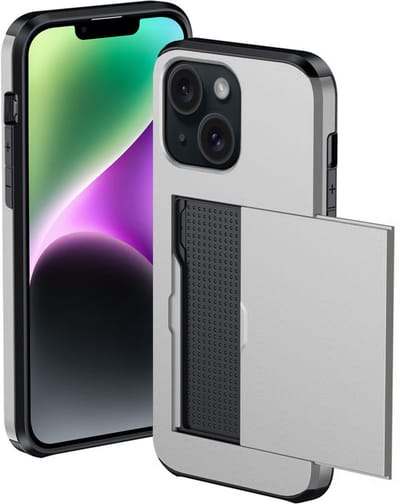 Hoesje Geschikt voor iPhone 14 Hoesje Met Pasjeshouder Hard Case Met Kaarthouder - Hoes Geschikt voor iPhone 14 Hoesje Pashouder Case - Grijs