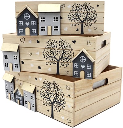 UNUS® Kisten houten whitewash boom en huis beplantbaar set van 3