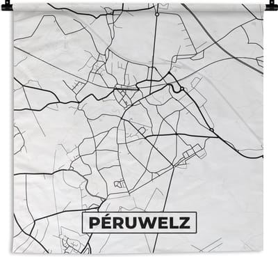 Wandkleed - Wanddoek - België – Péruwelz – Stadskaart – Kaart – Zwart Wit – Plattegrond - 180x180 cm - Wandtapijt
