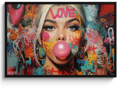 Poster in lijst - Fotolijst 120x80 cm - Posters - Vrouw - Kauwgom - Graffiti - Love - Posterlijst zwart - Decoratie - Wanddecoratie woonkamer - Muurdecoratie slaapkamer