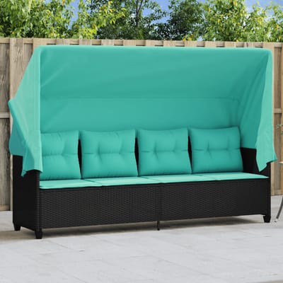 vidaXL - Ligbed - met - luifel - en - kussens - poly - rattan - zwart