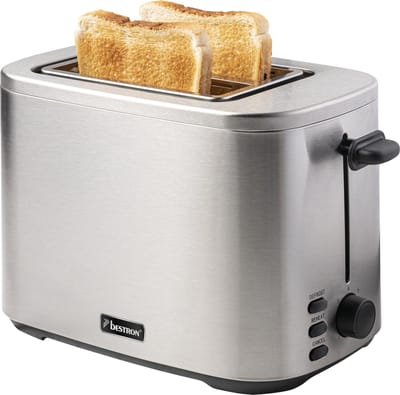 Bestron broodrooster voor 2 sneden Brood, incl. broodjesopzet, 7 bruiningsniveaus & kruimellade, 800 Watt, roestvrijstalen ontwerp, kleur: zilver