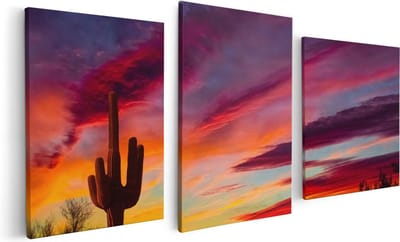 Artaza Canvas Schilderij Drieluik Cactus bij Oranje Zonsondergang - 120x60 - Foto Op Canvas - Canvas Print