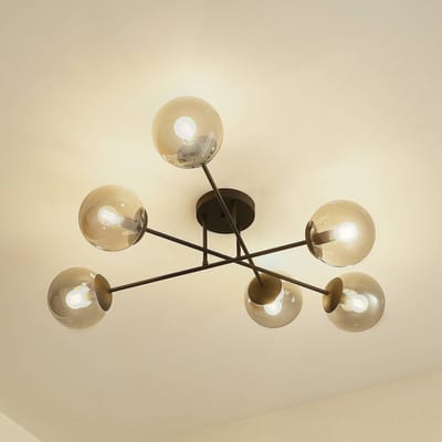 Lindby - plafondlamp - 6lichts - Ijzer, glas - H: 28 cm - E14 - zwart, rookgrijs