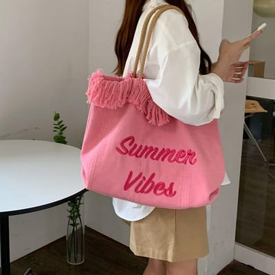 Sac fourre-tout en toile à pompon grande capacité Rose fille Sac en toile Femmes Sac fourre-tout d'été Sac à une épaule Sac de navette pour étudiante pink