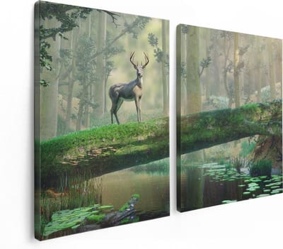 Artaza Canvas Schilderij Tweeluik Hert In Het Bos Op Een Boom - 120x80 cm - Wanddecoratie Woonkamer - Schilderijen - Muurdecoratie