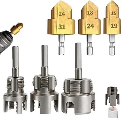 Gereedschapset voor het snijden van schroefdraad en ruimen, professionele gereedschappen voor het snijden van pijpschroefdraad en trapboren, elektrische boor- en schroefdraadgereedschappen voor PVC-buizen van 1/2 inch, 3/4 inch en 1 inch.