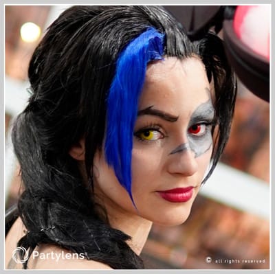 Partylens® rood/gele kleurlenzen - Split Vision rood/geel - zachte jaarlenzen met lenshouder - Halloween - Cosplay
