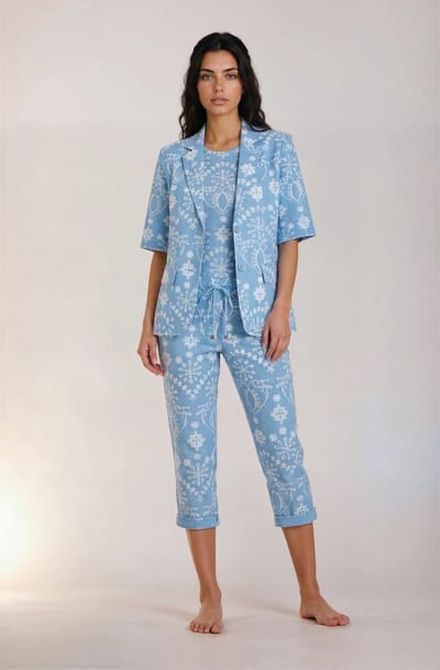 MI PIACE - Travel Blazer Korte Mouwen Print Denim Embroidery 2622 Bleached - Maat : XXL