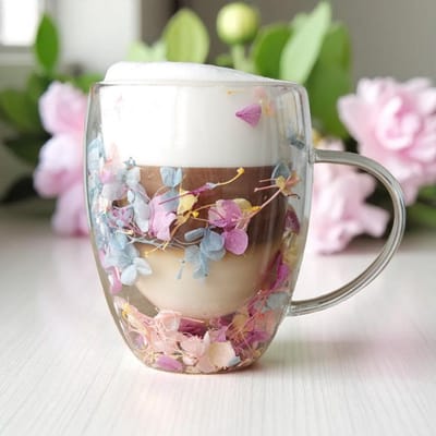 T.R Goods – 2x Dubbelwandige Koffie of Theeglazen set van 2 met Gedroogde Bloemen – 300ml – Elegant Borosilicaat Glas met Gypsophila, Hortensia & Roos – Cadeau voor Thee & Koffie