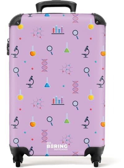NoBoringSuitcases.com® - Kinderkoffer - Kindertrolley jongen en meisje - Laboratorium en wetenschapspatroon paars - Handbagage koffer lichtgewicht - Reiskoffer trolley kinderen - Rolkoffer met wieltjes - Past binnen 55x40x20 en 55x35x25