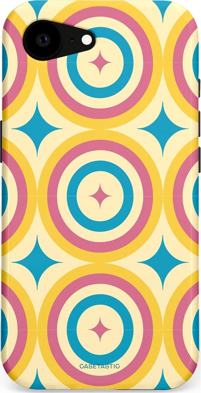 Casetastic hoesje geschikt voor Apple iPhone 16e / Apple iPhone 17e - MagSafe - Dubbellaagse bescherming - Swinging Retro Boogie Circles - Fashion Case - Crème Goud Lichtblauw Koraal