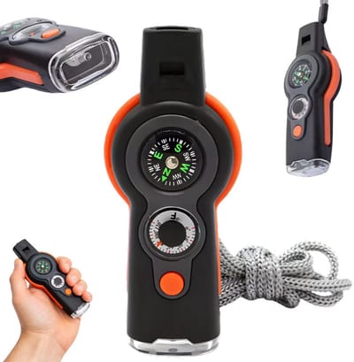 7-in1 Survival Multitool I Survival Fluit, LED Lamp, Nekkoord, Vergrootglas, Spiegel, Kompas & Thermometer I Multitool I Oranje/Zwart