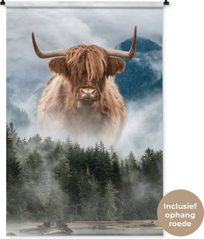 Wandkleed - Wanddoek - Mist - Schotse Hooglander - Bergen - 120x180 cm - Wandtapijt