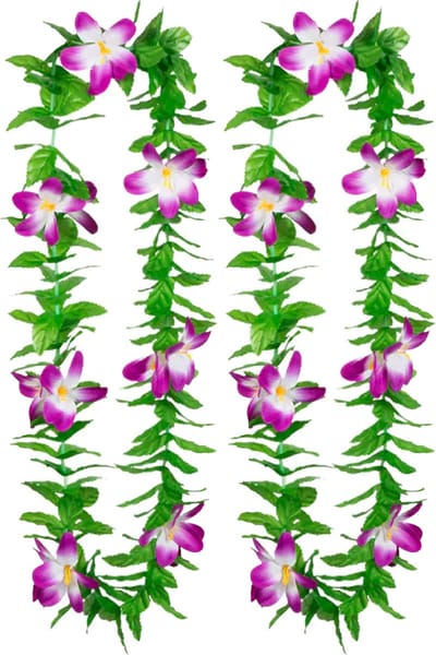 Boland Hawaii krans/slinger - 2x - Tropische kleuren mix groen/paars - Bloemen hals slingers