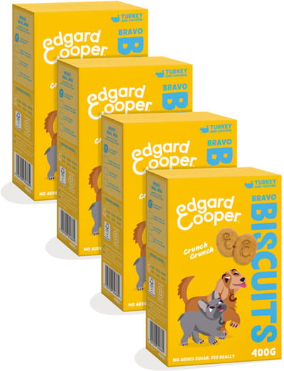 Edgard & Cooper Natural Dog Treats - Kalkoen Bravo Biscuits - (4 x 400g doos), Graanvrij, Plantaardige Vegan Dog Treats, traktaties boordevol vers fruit