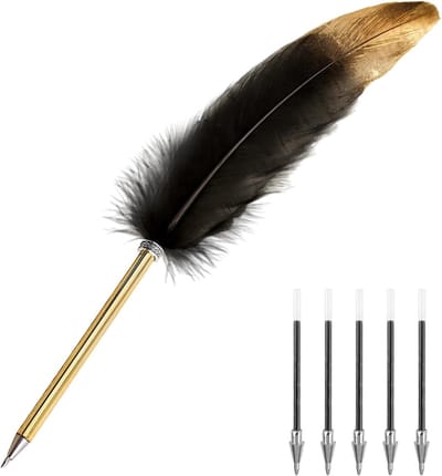 Elegante Vulpotlood met Zwarte Veertjes, Ideaal voor Schrijven, Studenten en Bruiloften, Inclusief 5 Navullingen en Luxe Design