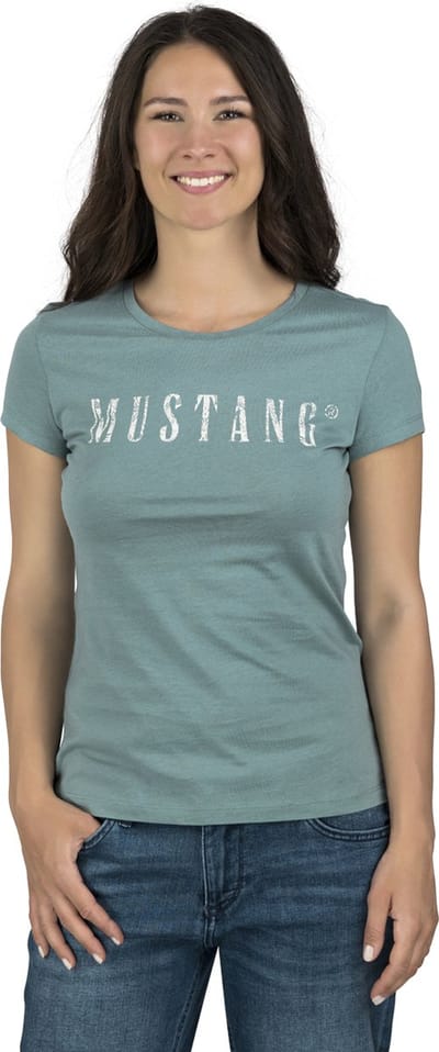 Mustang Dames T-Shirt Alexia C Logo slim fit Turkoois M Ronde Hals Volwassenen Basic T-shirt met korte mouwen en ronde hals gemaakt van 100% katoen